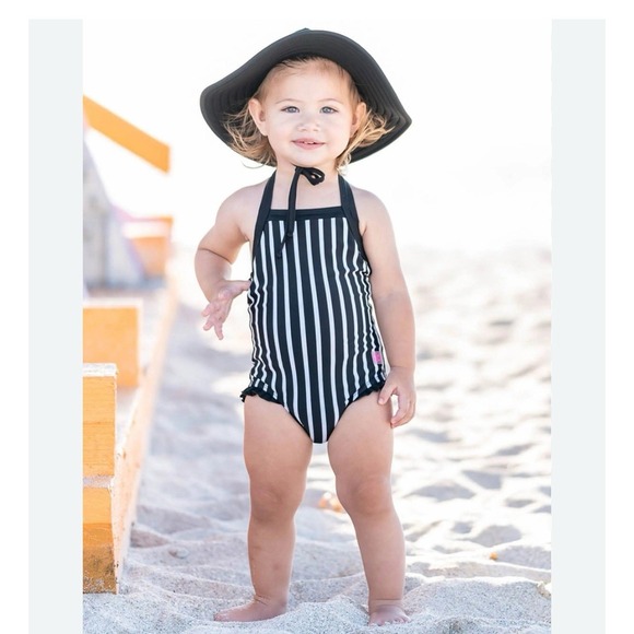 Rufflebutts Other - Rufflebutts Toddler Girl Black White Stripe Swimsuit Bows Size 4t